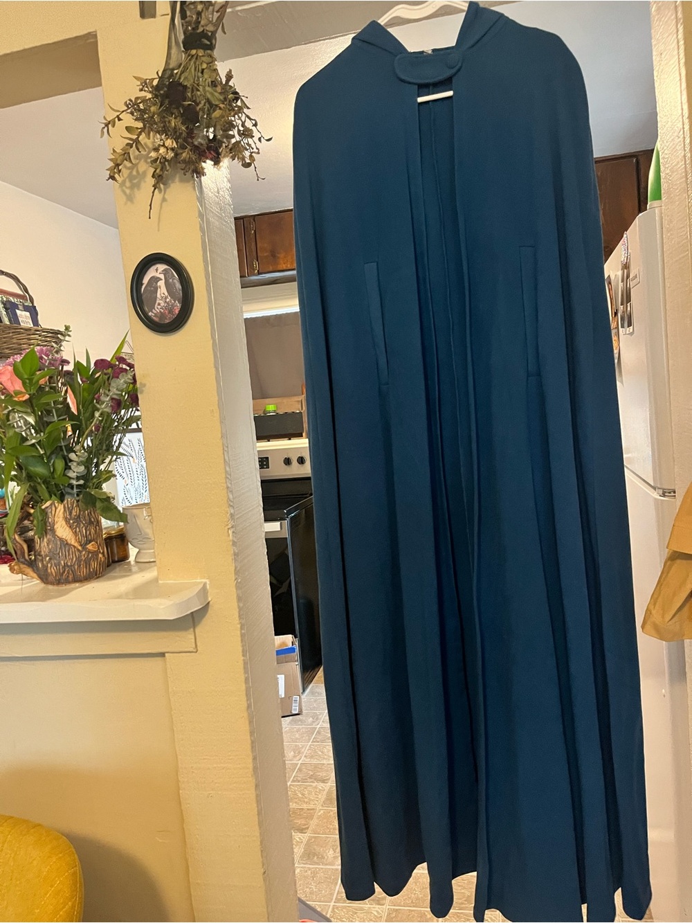 Whimsical, faux velvet deep blue, hooded cape